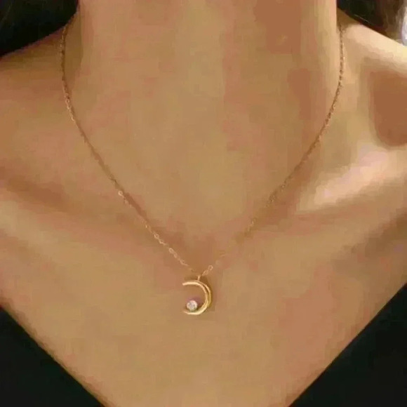 18K Gold-Filled Crescent Moon Necklace with Crystal - Picture 2 of 4